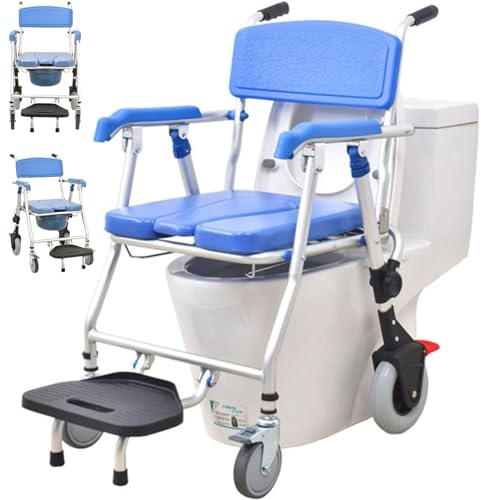 Silla de Ducha y Wc con Ruedas Multifunción, Silla de Inodoro Plegable con Freno, Silla de Ruedas de Ducha con Urinario para Pacientes Mayores y Mujeres Embarazadas, Capacidad de Carga 150kg