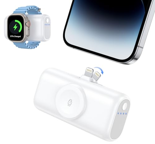 Mini Powerbank für iPhone, 5000mAh 3 in 1 Klein Power Bank für iWatch, Externe Handyakkus mit Schnellladefunktion,Kompatibel mit iPhone 14/13/12/11/XR/X/8 und Apple Watch Series 9/8/7/6/5/4/3/SE