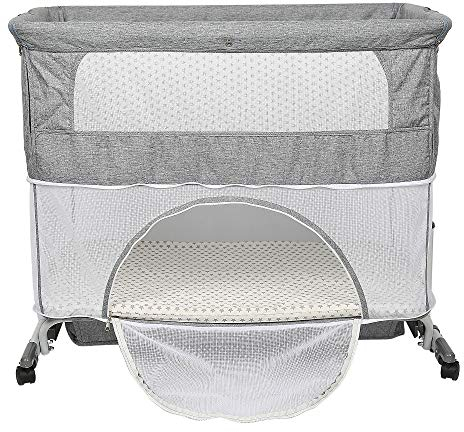 HUOLE Beistellbett Baby, 2 in 1 Babybett und Babywiege, Kinderbett mit Rollen, Moskitonetz, Lagerungstasche und Matratze,4 Räder mit Bremse Ergonomische Matratze Tasche-113 * 66 * 84cm