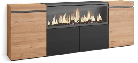 Skraut Home | Aparadores para salón | Gran Capacidad de almacenaje | 210 | 4 Puertas | Chimenea eléctrica XXL | Estilo Moderno | Roble y Negro