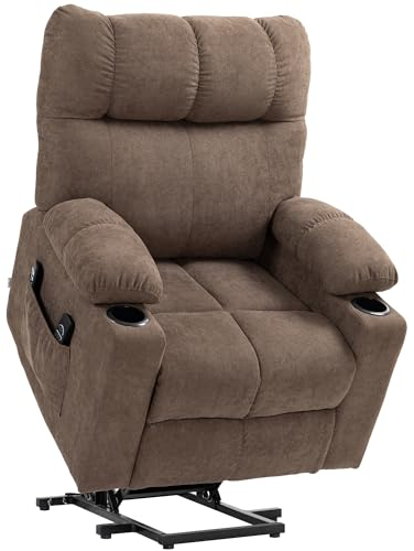 HOMCOM Fernsehsessel mit Aufstehhilfe Elektrisch Relaxsessel mit Liegefunktion, Wärmefunktion, Massagesessel mit Fernbedienung Becherhalter Seitentasche Fußteil Taschenfederkern Samtoptik Braun