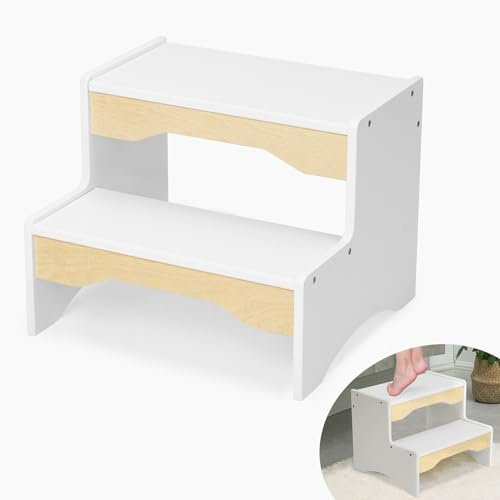 Labebe Marchepied pour Enfants, Tabouret à 2 marches en Bois, Montessori Antidérapante Escabeau Enfant, Multifonctionnel Marchepied pour Salle de Bain, Chambre d'enfant et Toilettes - Blanc
