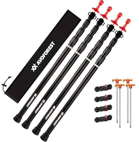 Tarp Poles Heavy Duty Adjustable, AVOFOREST Aviation Aluminum 8.7FT Telescoping Tent Poles with Protection Cap Wind-Resistant Awning Collapsible Poles Set of 4 for Tarps - Canopy - Awning - Hiking