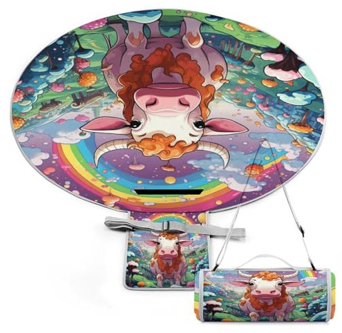 Xiputvl 3D-Eindruck Bunte Kühe Picknickdecke Tiere Strandmatte Outdoor Teppich Wasserdicht, Faltbar wasserdichte Decke Für Park, GKunsten, Strand, Wasserdicht 148x148cm