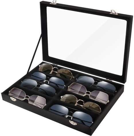 Dechoga Sonnenbrillen Aufbewahrung, 8 Fächer Brillen Aufbewahrungsbox mit Transparentem Staubschutz und Herausnehmbaren Trennwänden, Sonnenbrillen Etui Weiches Samtfutter, für Brillen, Schmuck, Uhren