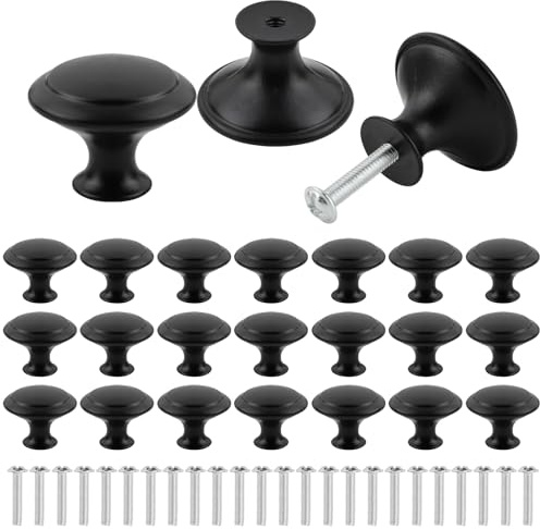 BREANIFULL 24 Noir Mat Tiroir de Porte,Boutons de Placard Noirs, 30mm Rond Bouton de Meuble,Rond Poignée Cuisine Noir avec Vis pour Meubles Tiroirs Armoires Portes Salle de Bains (Forme de Champignon)
