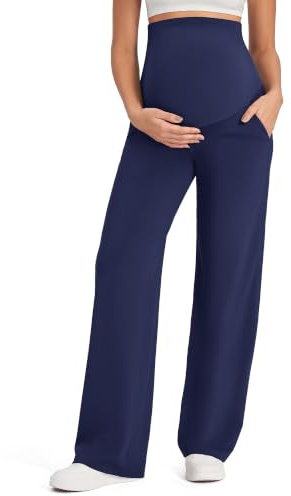 G4Free Maternity Clothes Yoga Wide Leg Pants Over The Belly Business Casual Pregnancy Trousers for Lounge Work (Royal Blue,L,Tall)