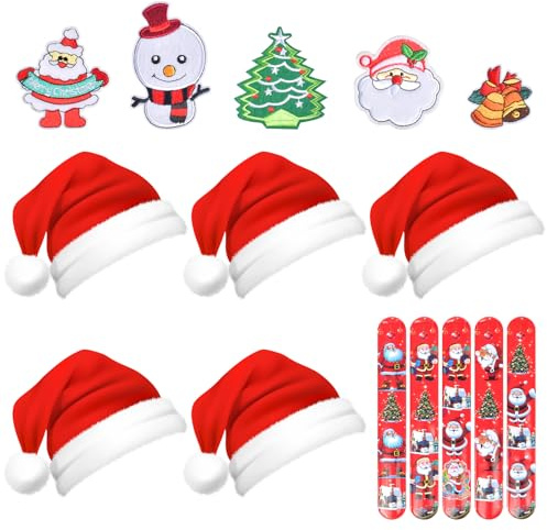 Newtic 15 Stück Weihnachtsmütze set,5 Stück Weihnachtsmütze + 5 Stück Weihnachtsring armbänder + 5 Stück Weihnachtsbrosche,Nikolausmütze Rot,Weihnachts mütze, Nikolausmütze für Erwachsene und Kinder