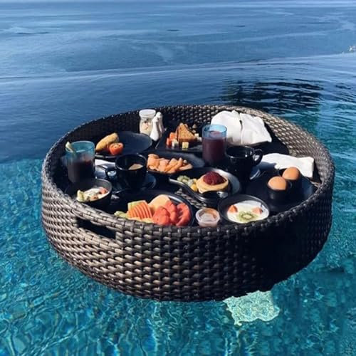 FZSERUN Serviertablett Aus Geflochtenem Rattan Mit Griffen, Schwimmender Tabletttisch FüR Poolpartys, FrüHstüCkstablett Auf Dem Wasser, Zum Servieren Von GeträNken/Snacks,02,A60cm