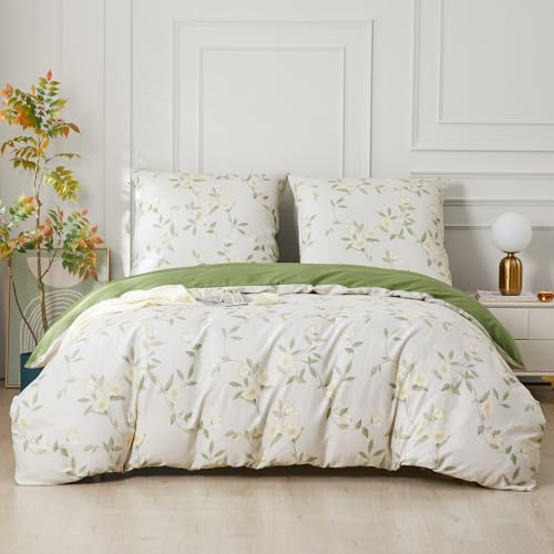 SAPHREAS Bettwäsche 200x220 Baumwolle Weiß Grün Bettwäsche Set Kuschelige Blumen Bettwäsche 3teilig 1 Bettbezug 200x220 cm mit Reißverschluss + 2 Kissenbezüge 80x80 cm(Ohne Bettdecken)