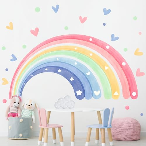 Supzone Wandtattoo Regenbogen Groß 180x102cm Mädchenzimmer Wandaufkleber | Aquarell Regenbogen Herzen Wandsticker Selbstklebende für Mädchen Kinderzimmer Babyzimmer Schlafzimmer Wanddeko