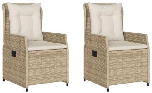 Gecheer 2 STK. Gartenstühl Verstellbar, Gartenstuhl mit Kissen, Gartensessel, Rattansessel, Terrassenstuhl, Beige Poly Rattan