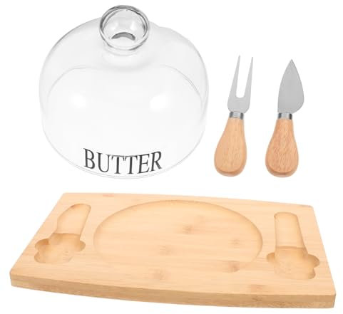 KOCKSHION 1juego Contenedor De Mantequilla Con Tapa De Vidrio y Bandeja De Madera Caja De Almacenamiento Rectangular Para Mantequilla y Utensilios Incluye Cuchillo y Tenedor Para Mantener
