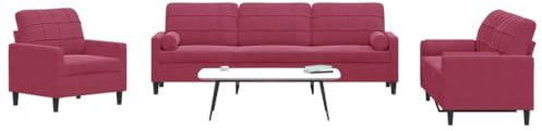 LAPOOH 3-TLG. Sofagarnitur mit Kissen und Nackenrollen Weinrot Samt, Loungesofa, Sofas & Couches, Relaxsofa, Couch für Wohnzimmer - 3278455