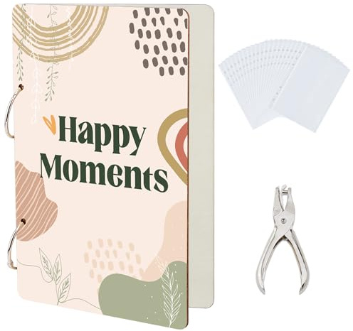 SUPERDANT Happy Moments Greeting Card Organizer Simplicity Wooden Card Keeper Binder Leaf Postcard Storage Cards Holder Book Photo Album 2-Rings Cover with Punch and 20pcs Inner Pockets
