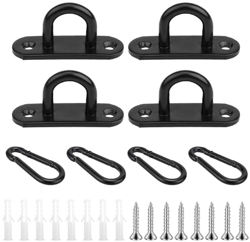 SHYSBV 4 Pack Eye Plate Hooks - Stainless Steel Pad Eyes Plate,Black Ceiling Hooks,Heavy Duty D Rings and Carabiner Clips, Hooks and Eyes,U Brackets Staple Wall Mount Marine Hardware Hook