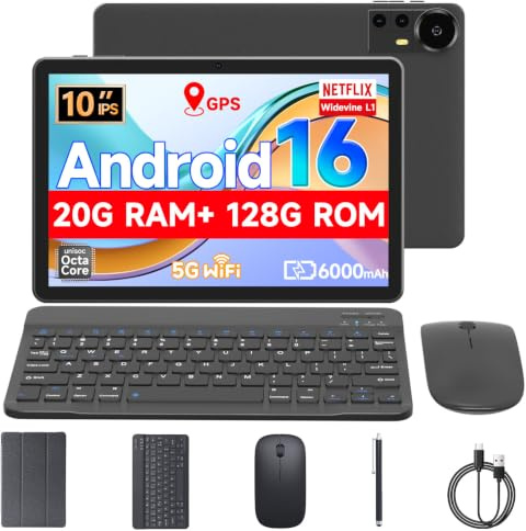 Nyxolaria Tablet 10.1Inch Android 16.0, RAM 20GB(4+16Expand)+ROM 128GB, 6000mAh Battery, 2+8MP Dual Camera, 1280*800 IPS HD Touch Screen Tab PC Set with Keyboard+Mouse+Protective Case+Stylus (Black)