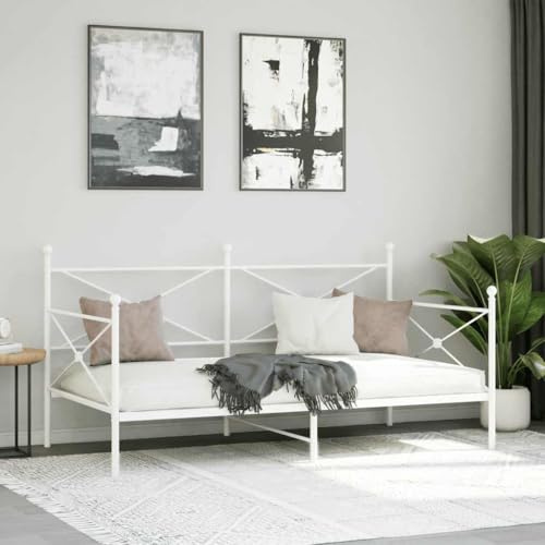 Homvdxl Metall Tagesbett Bettgestell 100x200 cm Einzelbett mit Kopfteil und Lattenrost Einzelschlafsofa Tagesbett für Schlafzimmer Wohnzimmer Gästezimmer Weiß