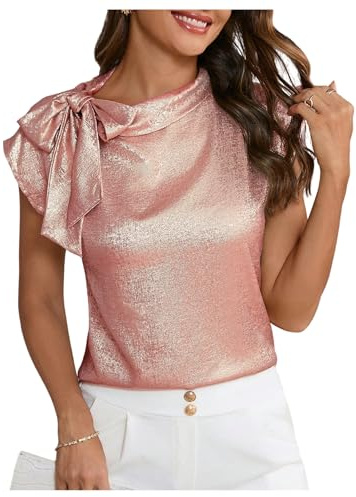 SOLY HUX Women's Metallic Tops Bow Tie Mock Neck Cap Sleeve Elegant Blouse Plain Pink Medium