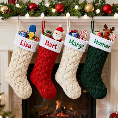 Kikone Personalisierter Weihnachtsstrumpf Nikolausstrumpf mit Benutzerdefinierte Namen 46cm (18”) Groß, Gestrickt mit Namenstickerei, Hängend für Kamin, Weihnachtsfeiertag, Familienparty & Dekoration