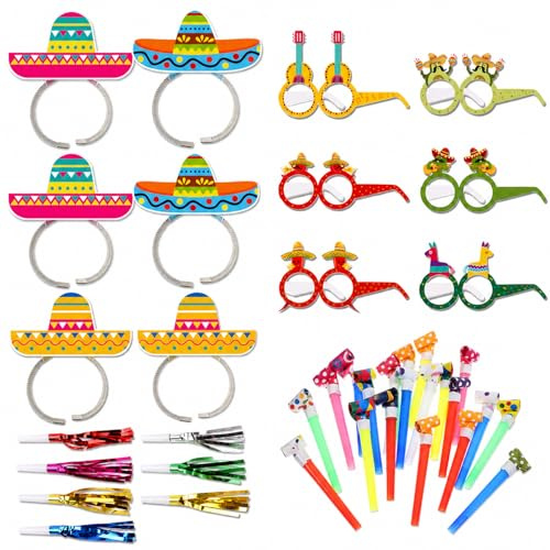 Eowppue Set di 6 Cappelli da Festa Sombrero e Occhiali da Festa con Maschera, 6 fischietti a Tromba da 11 cm, con fischietti a Pioggia, Accessori per Carnevale, Feste e Compleanni, Adatti a Uomini e