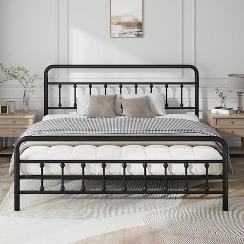 OLALITA Metal Platform Bed Frame, Victorian Style Iron Bed with Headboard, Sturdy Frame and Slats, Underbed Storage, No Box Spring Required (Solid, King)