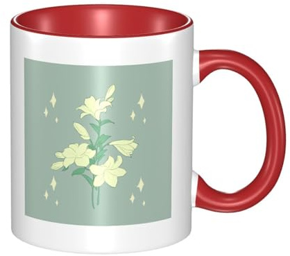 SMAZDFXX Cartoon White Lilies Printed Ceramic Red Mug with Curved Handle, Suitable for Office and Everyday Drinking.