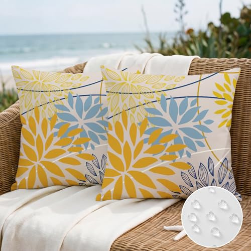Artscope Outdoor Waterproof Yellow Blue Cushion Covers Geometric 50x50cm Set of 2 Dark Blue Dahlia Floral Pillowcases Outdoor Flowers Pillow Covers for Patio Garden Bench Sofa Farmhouse Decor
