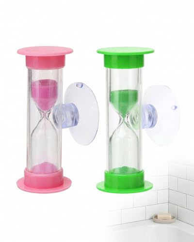 DLPRK Lot de 2 Sabliers 3 Minutes Vert et Rose avec Ventouse en Plastique – Minuteur pour Brossage de Dents, Jeux, Bureau et Cuisine