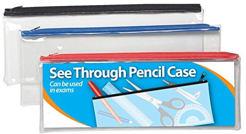 Range Wholesale Clear Exam Pencil Case - Coloured Zips Long 33x13cm Ideal for Office/Back to School
