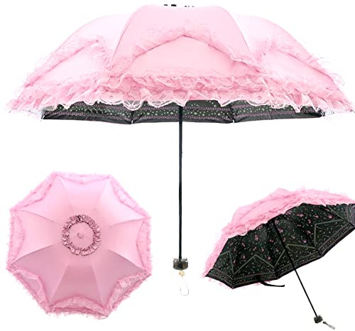 WANLIAN Lace Windproof Folding Sunny and Rainy Umbrella Ultraviolet-Proof Anti Sun UV Protection Parasol Umbrella (Pink)