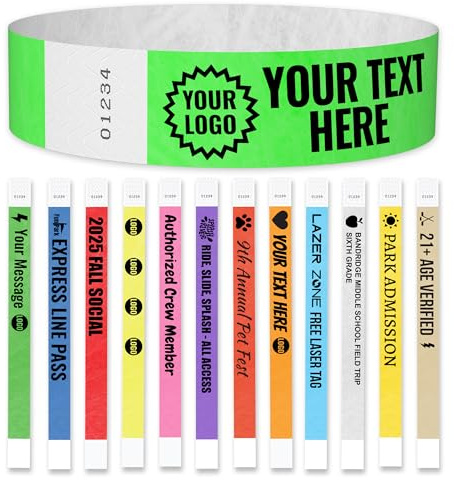 WristCo Custom Printed Wristbands | Super Rush | Fast Delivery – Select a Color Quantity & Personalize w/Clipart Text & Logos - Tyvek Wrist Band ID Bracelets for Events Party Security Admission VIP