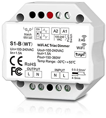 230V Dimmer mit Wifi + Funk + Push-Dim, TRIAC, universell einstellbar für LED mit Phasenan- oder Phasenabschnitt (Funkdimmer Modul, Einzeln)