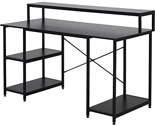 HOMCOM Mesa para Computadora Escritorio de Oficina Estudio con 3 Estantes Tabla Superior Patas con Almohadillas Ajustables Antideslizantes Marco Metálico 140x60x93 cm Negro