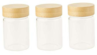Pebbly PKV-030 - Set de 3 Pots en Verre 75 ML avec Couvercle à vis en Bambou | à Visser en Bambou, Conservez vos Épices et Vinaigrette Facilement, Rangement Optimisé pour une Cuisine Responsable