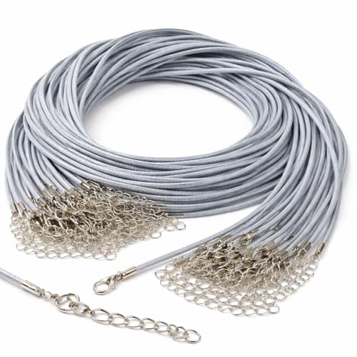 Perlin 10 Schmuckband Silber Grau 43 cm gewachste Baumwollkordel 1.5 mm Halskette mit Karabinerverschluss Verlängerungskette für Anhänger DIY Schmuckherstellung