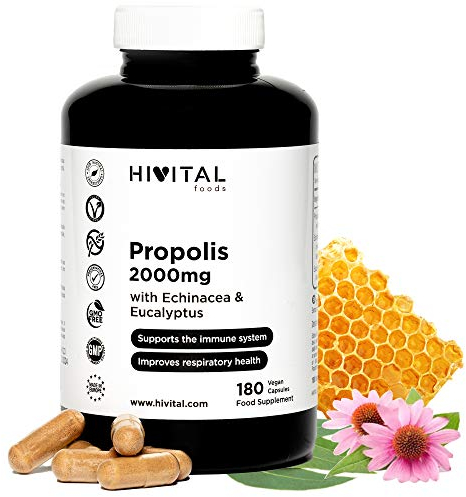 Propolis 2000 mg. 180 vegane Kapseln für eine 6-monatige Kur. Extrakte aus Propolis mit 10% Galangin, Echinacea mit 4% Polyphenolen und Eukalyptus. Hergestellt von HIVITAL