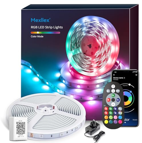 Mexllex Led Strip Light 15M, Bluetooth APP & Remote Control, Music Sync Color Changing RGB SMD Led Light Strips for Bedroom, Home, Party, Kitchen Decoration (1x15M)