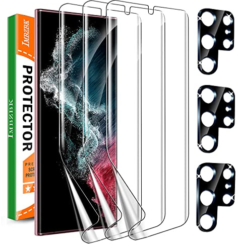 IMBZBK Diseñado para Samsung Galaxy S22 Ultra 5G Protector Pantalla [No es de cristal], 3 Pack de película de TPU flexible HD con 3 Pack Protector de Lente de Cámara, Case Friendly, Sin Burbujas