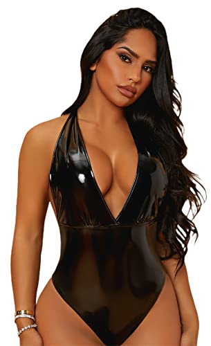 WDIRARA Women's Deep V Neck Sleeveless PU Leather Skinny Bodysuit Halter Top Black M