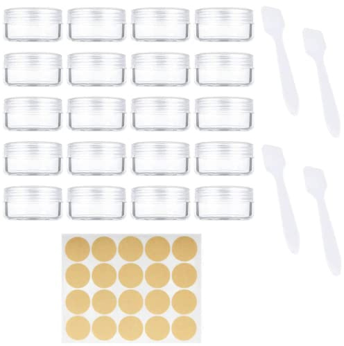 Voarge 20 Stück Cremedose Leer 10g/10ml Transparent Klein Kunststoff Tiegel, Mit 4 Stück Mini Spatel und 20 Punkt Aufkleber für Lippenbalsam, Pulver,Nailart, Kosmetik (Transparent)