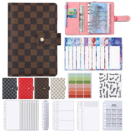 Budget Binder A6 Binder Notizbuch,Budget Planner 6 Löcher PU Leder A6 Ringbuch Notizbuch Ordner mit Klar Plastik Geldumschläge,Budgetblätter,Aufklebern,Kalenderkarte,Herrscher für Geld Sparen Farbe J