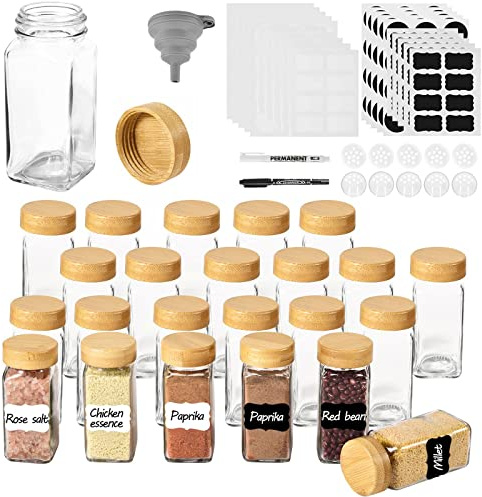 ROSNONG 24 Spice Jars with Labels, 4oz Square Glass Spice Jars with Airtight Bamboo Lids and Shaker Lids, Cooking Spice Containers, Seasoning Jars Bottles Set for Spice Rack Cabinet Drawer