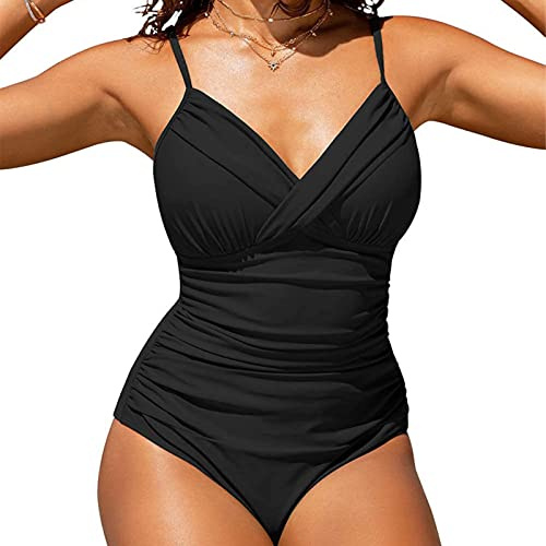 SUGSHYN Costume Intero Donna Scollo a V Curvy Costumi da Bagno Contenitivo Intero Modellante Un Pezzo Monokini Mare Piscina Spiaggia Imbottito Costumi Interi Elegante(Nero,XL)