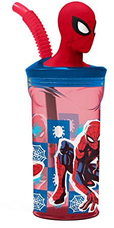p:os 35478 - Spiderman gobelet pour enfants avec paille intégrée, couvercle et personnage 3D, récipient d'une contenance d'environ 360 ml, idéal pour les boissons froides