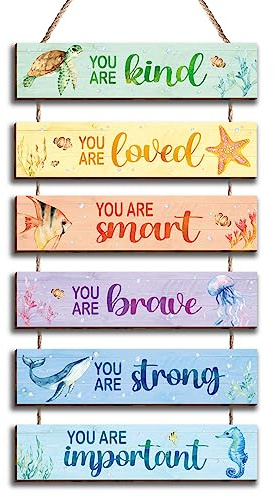 Kadiak 6 Pcs Ocean Decor Kids Room Placards of Wood Decor, Watercolor Ocean Inspirational Positive Quotes Wall Art Hanging Sign for Kids Teens Children Bedroom Princess Toddler Room Nursery Dorm