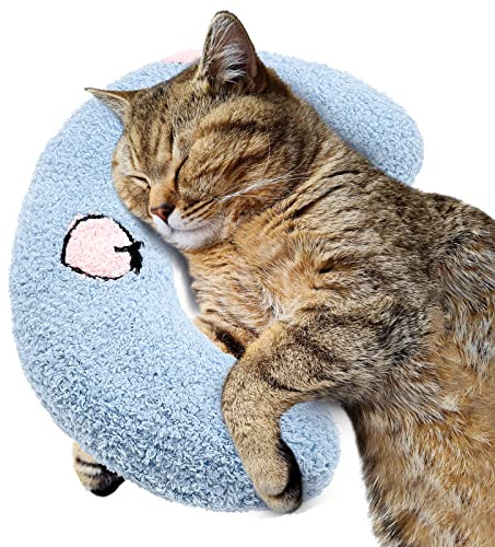 ucho Pillow for Cats, Soft Fluffy Cat Neck Pillow for Cat Bed, U-Shaped Pillow for Pet, Pet Calming Toy Half Donut Cuddler for Joint Relief Sleeping Improve Machine Washable- Blue