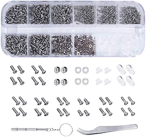 1100 Stück Brillen Reparaturset Klein, Brillenschrauben Edelstahl, Brillen Werkzeugset Mini, Schraubensortiment, Schrauben Set für Brillen Sonnenbrillen Uhren Telefone Kameras Schmuck