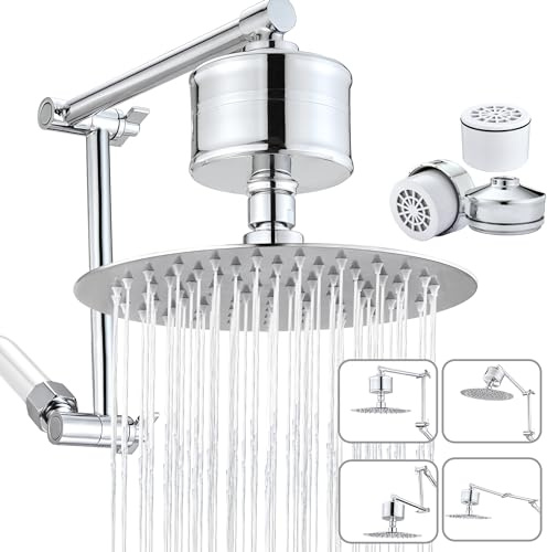 Fwieurow, Verbesserte Deluxe-Duschköpfe aus Metall, 20,3 cm, mit 40,6 cm verstellbarem Verlängerungsarm, ABS-Filter, geeignet für hartes Wasser, moderne Wasserfall-Duschdüse (Chrom, rund)