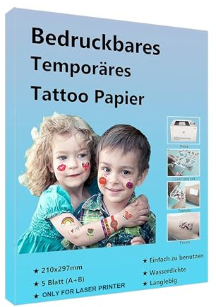 5 Blätter A4 Größe Transfer Tattoo Abziehbild Papier Bedruckbares temporäres Tattoo Papier Allein für Laser Drucker, DIY Ihr Bild Transfer Blatt für Haut